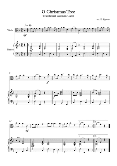 O Christmas Tree, Traditional German Carol, For Viola & Piano