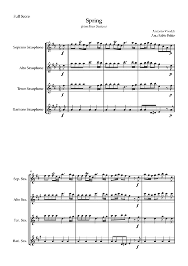 Spring (from Four Seasons of Antonio Vivaldi) for Saxophone Quartet