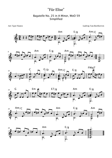 Beethoven - Für Elise - Easy Guitar with Chords
