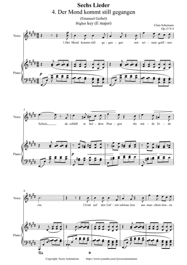 Der Mond kommt still gegangen Op 13 N4 in E major (Higher key)