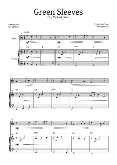 "Green Sleeves" - Beautiful easy version for VIOLIN and PIANO
