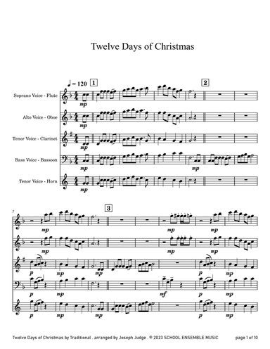 Twelve Days Of Christmas for Woodwind Quartet in Schools