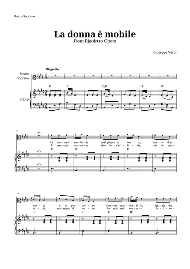La donna è mobile in E major for Mezzo Soprano and Piano