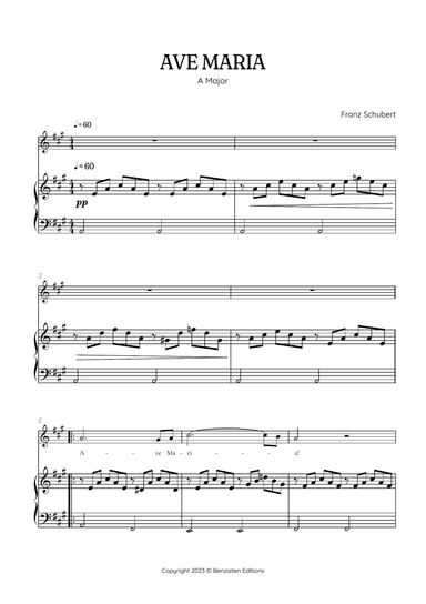 Schubert Ave Maria in A Major • alto voice sheet music with easy piano accompaniment