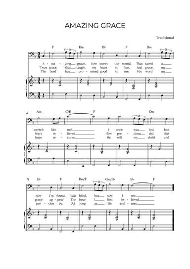 AMAZING GRACE - for piano and baritone in F major with chords