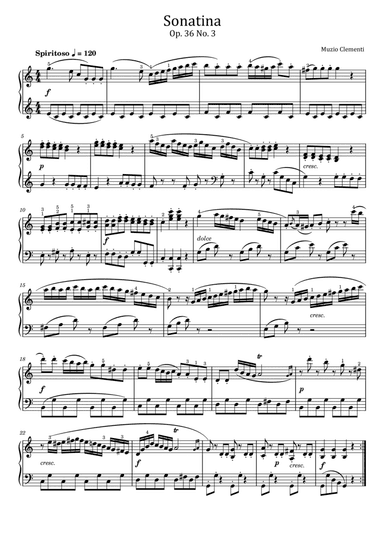 Clementi - Sonatina No. 3, Op.36 - For Piano Solo - Original With Fingered