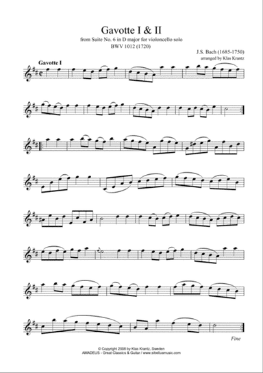 Gavotte 1 & 2 BWV 1012 for flute or violin solo