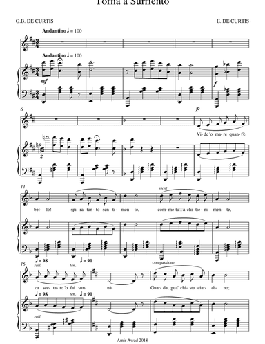 Torna a Surriento : Voice and Piano in D