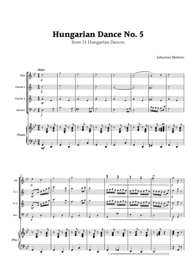 Hungarian Dance No. 5 by Brahms for Woodwinds Quartet and Piano