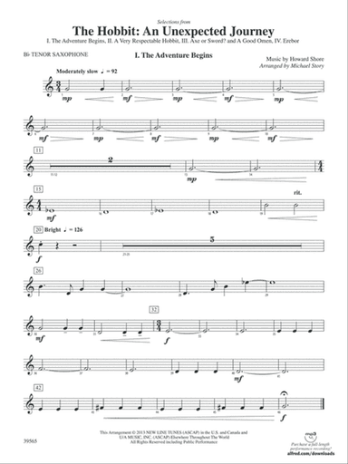 The Hobbit: An Unexpected Journey, Selections from: B-flat Tenor Saxophone
