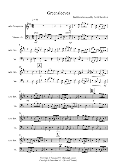 Greensleeves for Alto Saxophone and Cello Duet
