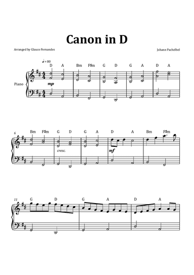 Canon by Pachelbel - Intermediate Piano Solo with Chord Notation