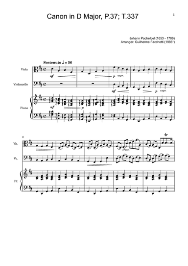 Johann Pachelbel - Canon in D Major, P.37; T.337. Arrangement for Viola, Violoncello and Piano.