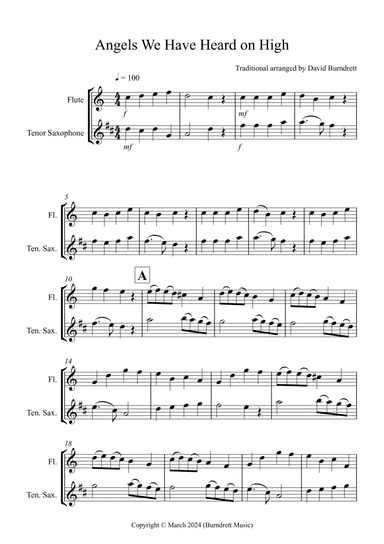 Angels We Have Heard on High for Flute and Tenor Saxophone duet