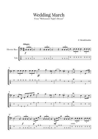 Wedding March (Bridal Chorus - Here comes the Bride) for Electric Bass (Notation and Tabs Included)