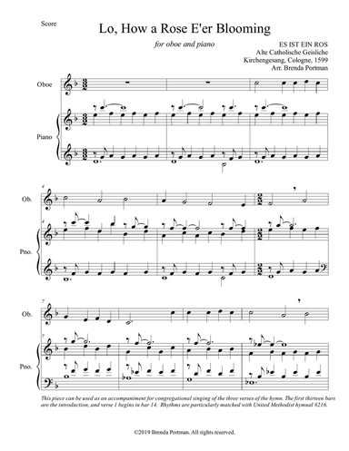 Lo, How a Rose E'er Blooming (oboe/piano), arr. Brenda Portman