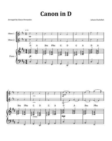 Canon by Pachelbel - Oboe Duet with Piano and Chord Notation