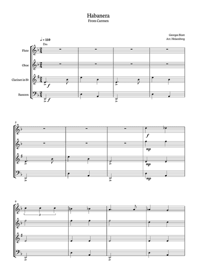 Habanera - Carmen - Georges Bizet, for Woodwind Quartet with chords in a easy version.