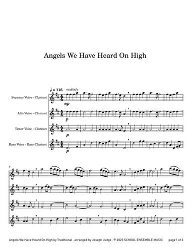 Angels We Have Heard for Clarinet Quartet in Schools