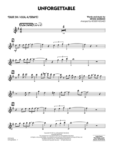 Unforgettable (arr. Roger Holmes) - Tenor Sax Solo (Vocal Alt)