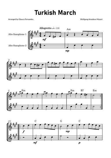 Turkish March by Mozart - Alto Saxophone Duet with Chord Notations