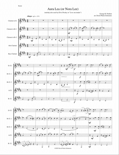 Aura Lea (Nora Lee) for clarinet quintet (E flat, 2 B flats, alto and bass)