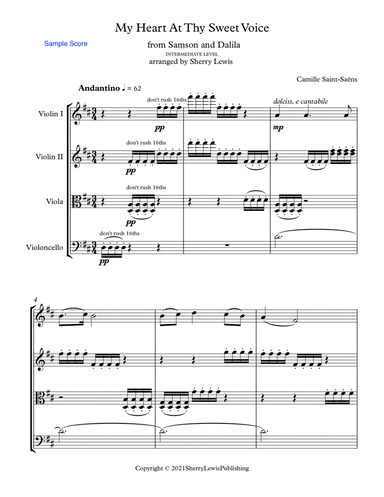 MY HEART AT THY SWEET VOICE for String Quartet, Intermediate Level for 2 violins, viola and cello