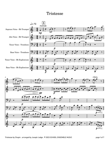 Tristesse by Chopin for Brass Quartet in Schools