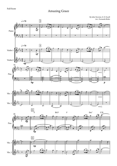 Amazing Grace (John Newton, E. O. Excell) for Violin Duo and Piano Accompaniment with Chords