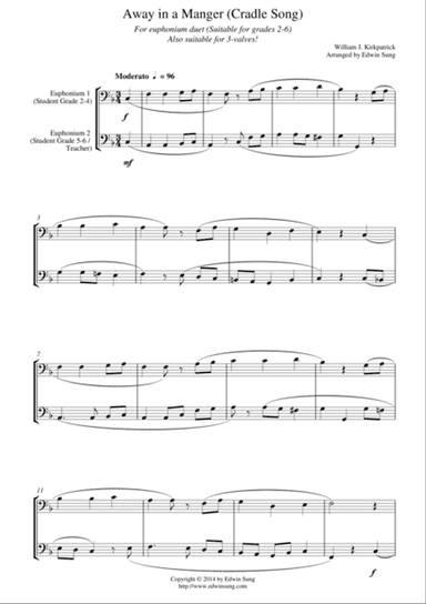 Away in a Manger (Cradle Song) (for euphonium duet (bass clef, 3 or 4 valved), suitable for grades 2