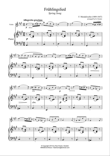 Fruhlingslied, Lieder ohne Worte Op. 62, Spring Song for violin and easy piano