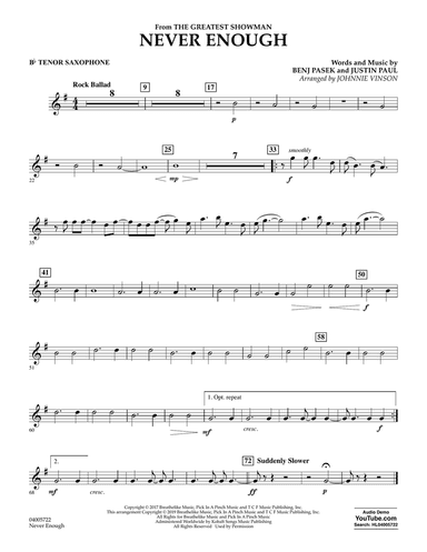 Never Enough (from The Greatest Showman) (arr. Johnnie Vinson) - Bb Tenor Saxophone