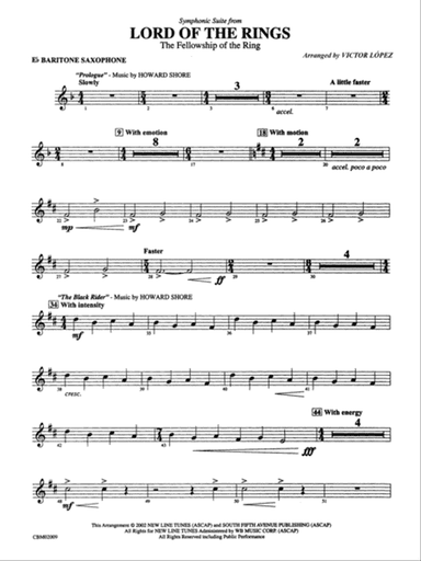 The Lord of the Rings: The Fellowship of the Ring, Symphonic Suite from: E-flat Baritone Saxophone