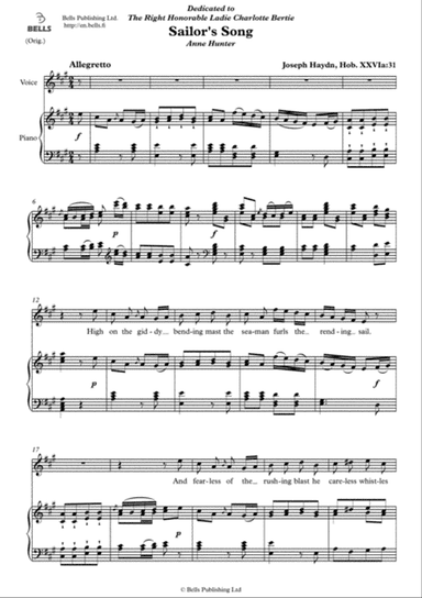 Sailor's Song, Hob. 26a (Original key. A Major)