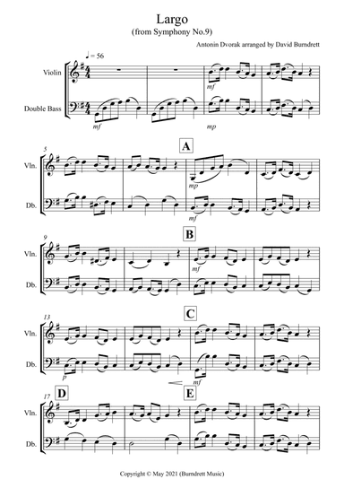 Largo (from the New World) for Violin and Double Bass Duet