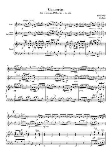 Bach - Concerto for Violin and Oboe in C minor, BWV 1060R(Score&parts)