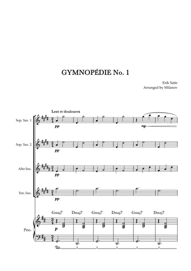 Gymnopédie no 1 | Saxophone Quartet | Original Key | Chords | Piano accompaniment |Easy intermediate