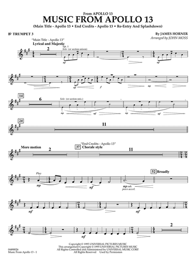 Music from Apollo 13 (arr. John Moss) - Bb Trumpet 3