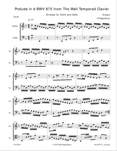 Bach: Prelude in d BWV 875 from The Well Tempered Clavier arranged for Violin and Cello