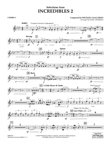 Selections from Incredibles 2 (arr. Paul Murtha) - F Horn 1