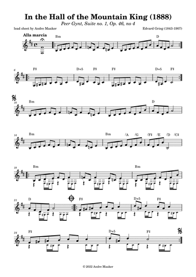 Edvard Grieg - In The Hall Of The Mountain King - Peer Gynt suite no. 1 - lead sheet