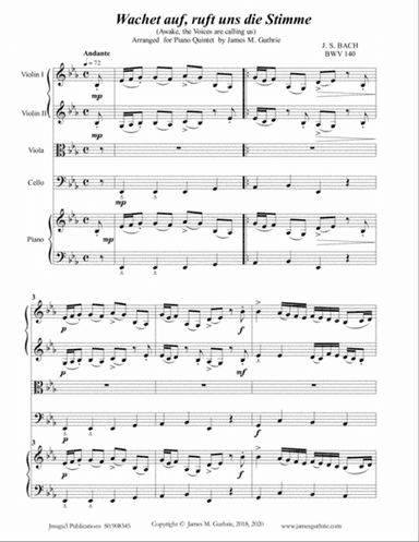 Bach: Wachet auf BWV 140 for Piano Quintet