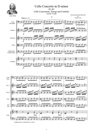 Vivaldi - Cello Concerto in D minor RV 407 for Cello solo, Strings and Harpsichord
