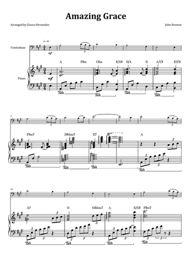 Amazing Grace - Double Bass & Piano with Chord Notation