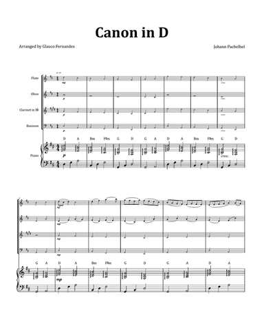 Canon by Pachelbel - Woodwind Quartet with Piano and Chord Notation
