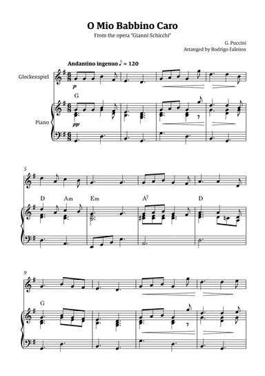 O Mio Babbino Caro - for glockenspiel solo (with piano accompaniment and chords)