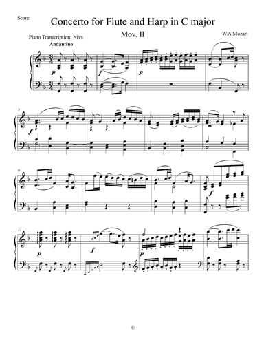Mozart Harp flute Concerto for Piano Mov. II KV.299