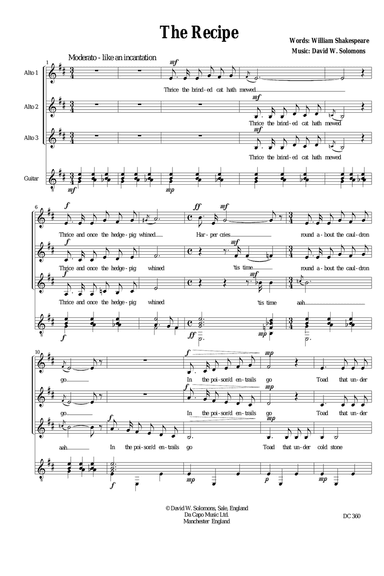 The Recipe (Double, double toil and trouble from Shakespeare's three witches) for 3 altos and guitar