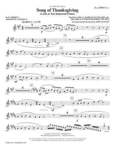 Song of Thanksgiving (Lord, to You Immortal Praise) (arr. Leavitt) - Bb Clarinet 1 (sub. A Cl. 1)