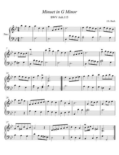 Bach Minuet in G Minor Anh. 115 Notebook of Anna Magdalena Bach